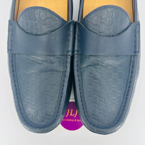 Gucci Men\'s Microguccissima Navy Blue Leather Slip On Driver Loafers Size 9 main image 12